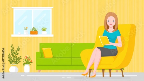 Reading in a cozy living room home digital illustration bright environment casual viewpoint relaxation concept