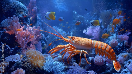 Fototapeta Naklejka Na Ścianę i Meble -  Vibrant orange crustacean moves through colorful underwater coral reef ecosystem
