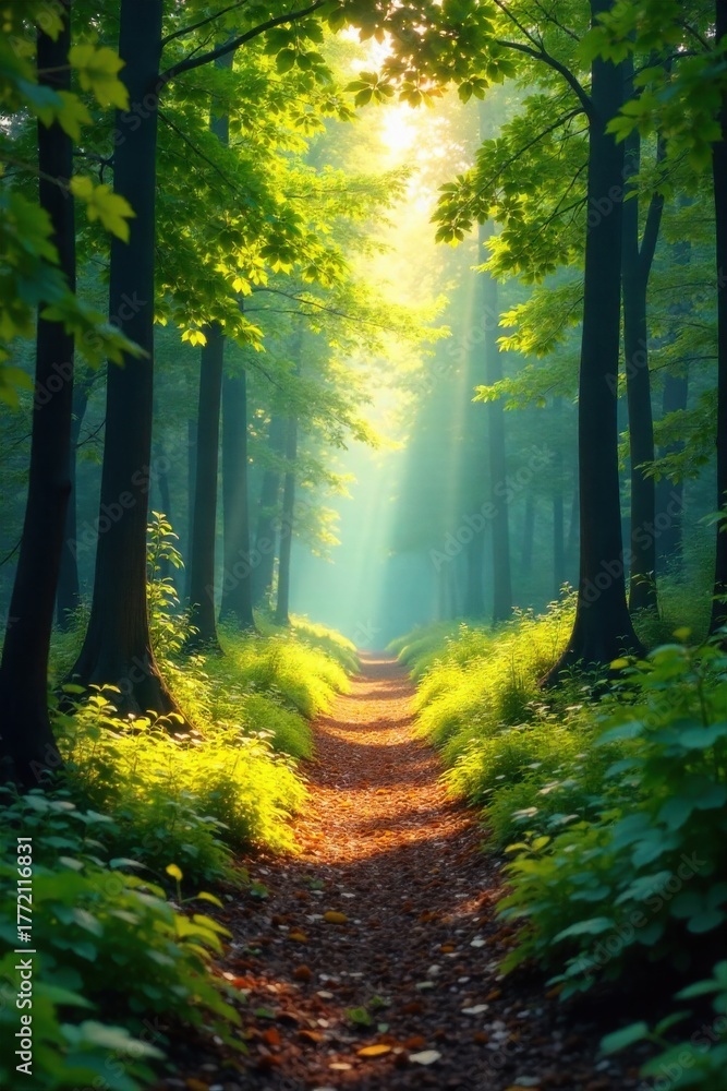 Fototapeta premium Abstract representations of paternal mirth resonating through natural elements. A vibrant forest scene with sunlight filtering through leaves, creating playful, energetic patterns on the ground.