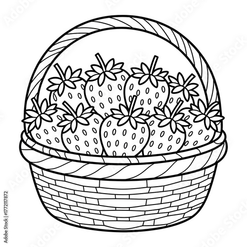A black and white There are many strawberry in a
basket coloring page 