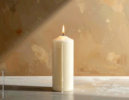 Lit ivory pillar candle on a reflective surface with textured backdrop