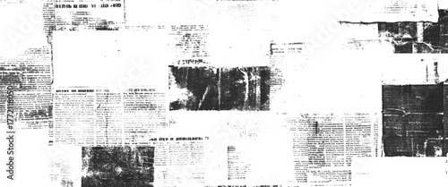 Vector white and black newspaper paper grunge vintage old aged texture with fragments of newspaper text Transparent background.