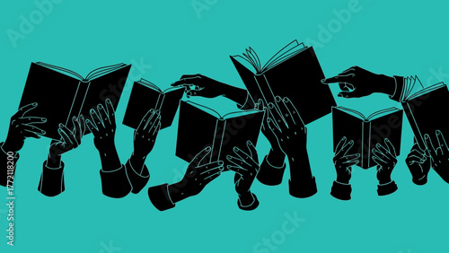 Hands holding and reading books on a teal background