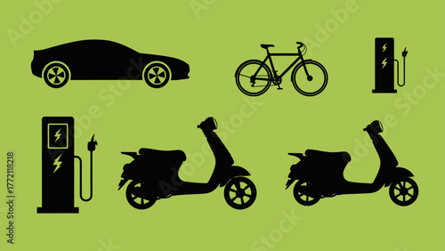 Sustainable Transportation Icons: Electric Car, Bike, and Scooters with Charging Stations