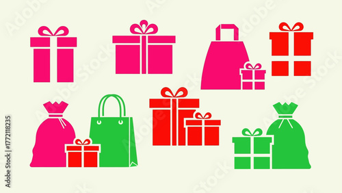 Festive Holiday Presents and Shopping Bags in Red and Green