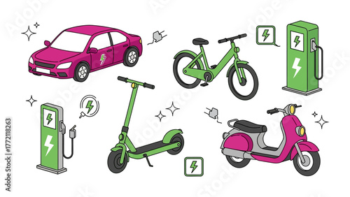 Electric Vehicles and Charging Stations Illustration for Sustainable Transportation