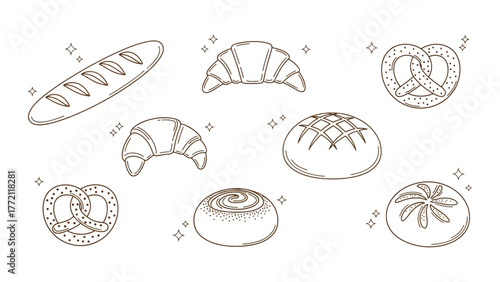 Hand-Drawn Bakery Pastries: Fresh Bread, Croissants, and Pretzels Line Art Illustration