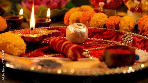 A beautifully decorated pooja thali with lit diyas, sweets, and marigold flowers, signifying a religious offering.