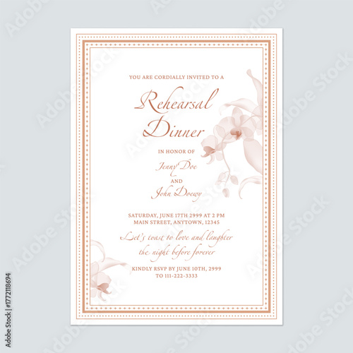 Rehearsal dinner invitation template with a decorative dotted border in a pale dusty rose color and soft, translucent illustrations of orchids on a solid white background