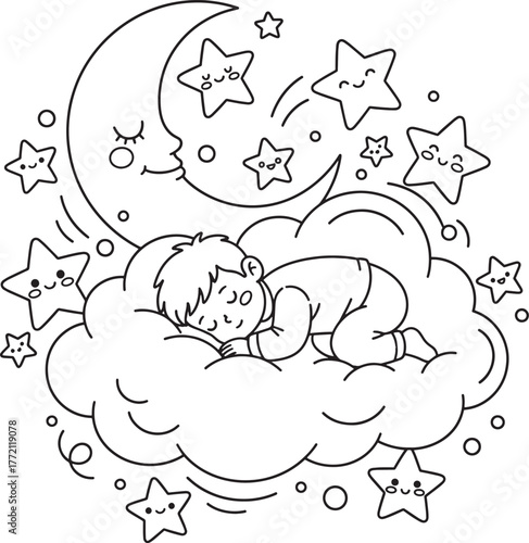Cute Sleeping Child on Cloud with Smiling Moon - Dreamy Kawaii Coloring Page