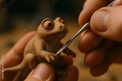 Detailed Hands Sculpting a Whimsical Clay Frog Figurine