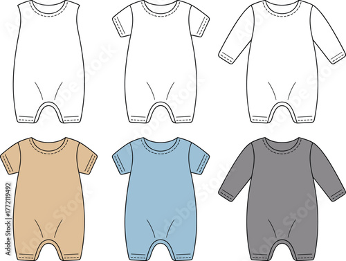 Baby romper CAD, infant jumpsuit vector, babywear fashion flat, bodysuit technical drawing, newborn apparel sketch, baby clothing design illustration