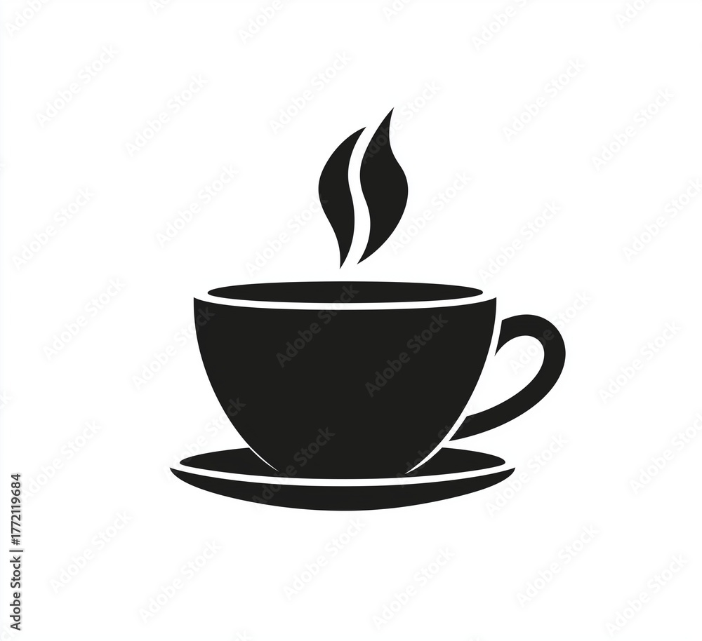 Obraz premium Flat vector illustration of a hot coffee cup icon with steam rising, designed in minimalist style. Simple geometric shapes and clean lines on a white background