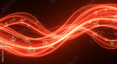 Flowing red light lines across the dark backdrop feature dragon and phoenix silhouettes