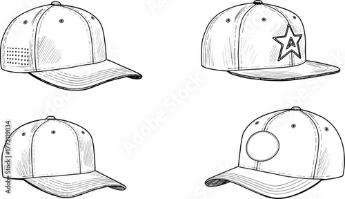 Baseball cap four design variations, front angled views, curved brim, six panel structure, side panel graphics, cad drawing flat vector illustration