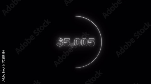 Neon 10 thousand dollar amount with a progress circle on a black background representing financial goals, 10K dollars countdown, ten thousand neon dollars countdown animation.
