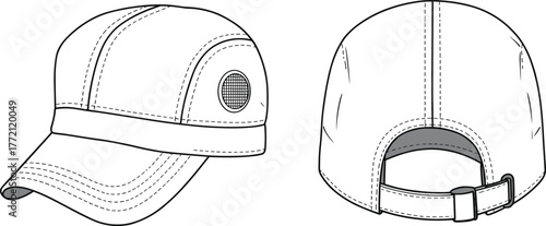 Baseball cap front and back view, mesh ventilation hole, adjustable strap with buckle, curved brim, detailed stitching, cad drawing flat vector illustration