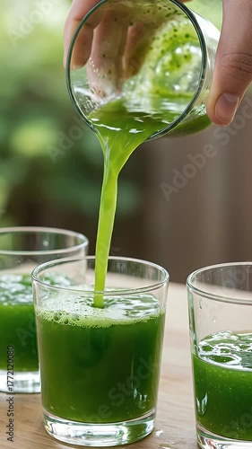 Pouring Vibrant Green Juice Into Glasses Healthy Refreshing Drink