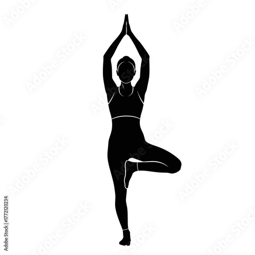 Yogini Performing Tree Pose Vrksasana on White Background Focused Mindfulness Balance