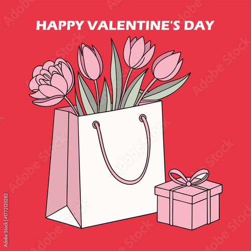 Pink tulips are beautifully arranged in a shopping bag next to a present box