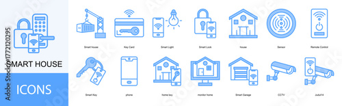 Smart house icon collection set. Containing Smart house, Key Card, Smart Light, Smart Lock, house icon.