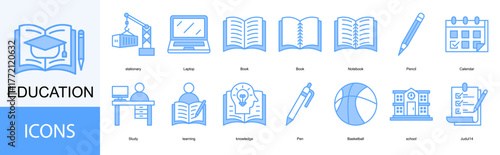 Education icon collection set. Containing Book, Notebook, Pencil, Calendar, Study icon.