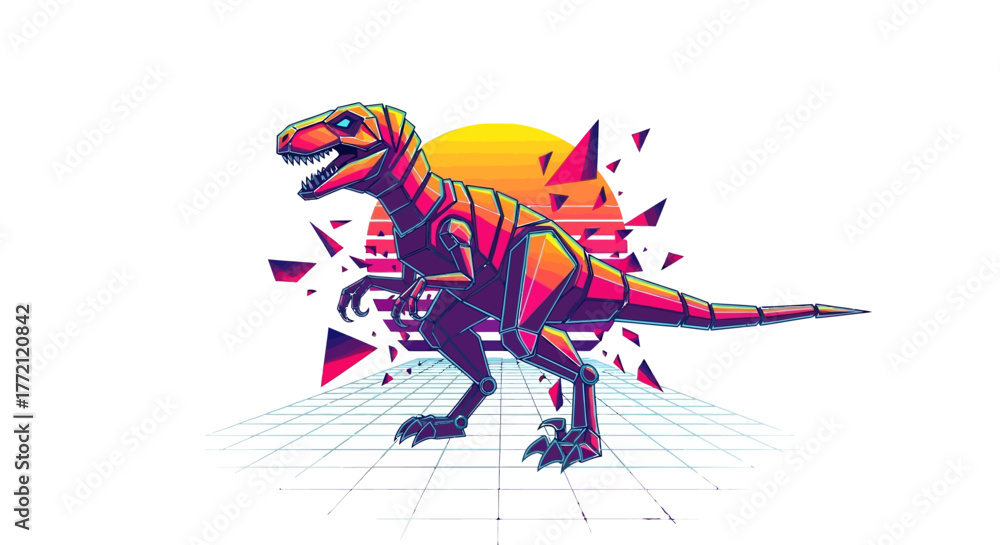 Obraz premium Dynamic retro synthwave dinosaur robot art with vibrant sunset and neon grid, capturing futuristic retro vibes and bold graphic style.