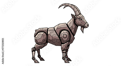 Majestic stone robot goat with impressive horns stands stoically, showcasing intricate segmented body design and ancient power