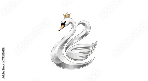 Elegant silver swan with golden crown symbolizing royalty, grace, and luxury for branding and design projects