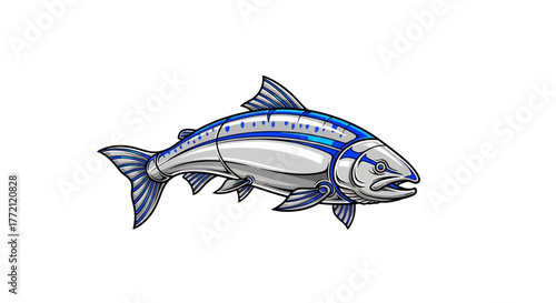 Sleek, futuristic salmon leaps forward with dynamic blue accents and metallic sheen, symbolizing innovation and aquatic power.
