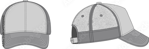 Baseball cap front and side view, mesh back with adjustable buckle strap, curved brim, structured design, cad drawing flat vector illustration