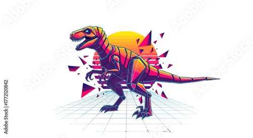 Dynamic retro synthwave dinosaur robot art with vibrant sunset and neon grid, capturing futuristic retro vibes and bold graphic style.