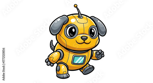 Adorable yellow robot puppy with big eyes happily walking, perfect for tech startups and futuristic concepts
