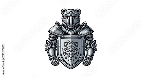 Fierce bear knight in shining armor with glowing red eyes and ornate shield, ready for epic battle