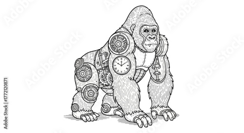 Intricate steampunk gorilla automaton with gears and a classic analog clock face, a powerful symbol of mechanical strength and intricate design