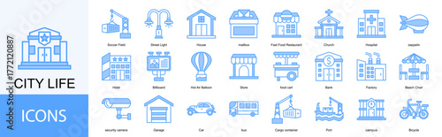 City Life icon collection set. Containing Soccer Field, Street Light, House, Fast Food Restaurant, Church, Hospital, icon.