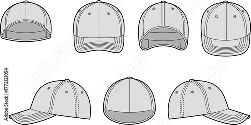 Baseball cap seven perspective views, front, back, side, top, bottom, and three quarter angles, curved brim, cad drawing flat vector illustration