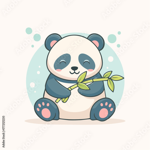 A cute baby panda bear cartoon vector illustration is a fun design showing a smile while eating bamboo in the wildlife of asia