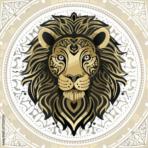Tribal lion head vector art, symmetrical design, gold and black color palette”