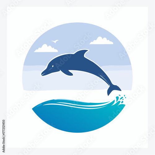 Jumping dolphin silhouette vector, blue gradient ocean background, clean design”