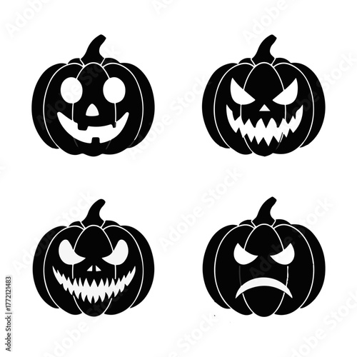Black Halloween Jack O Lantern Pumpkin Faces Vector Set with Different Expressions