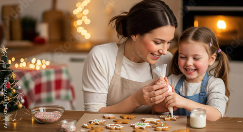 Joyful mother and daughter decorating festive gingerbread cookies together during Christmas