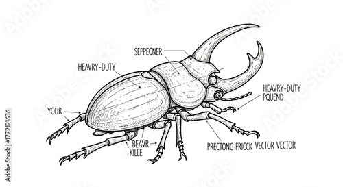 Detailed scientific illustration of a rhinoceros beetle with anatomical labels in a clean, modern sketch style, perfect for educational and entomology projects