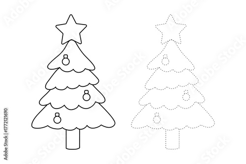 Trace and color of Christmas tree for kids Christmas worksheet printable vector