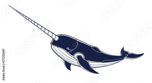 Majestic narwhal with iconic spiral tusk gracefully swims through ocean depths, symbolizing uniqueness and the ocean's mystery.
