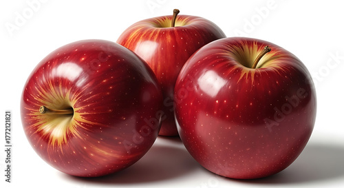 Three red delicious apples isolated on white background, close up