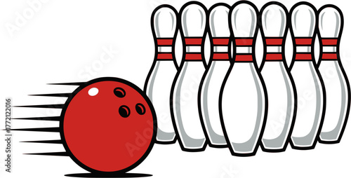 A flat vector illustration of a bowling alley featuring a red  bowling ball rolling towards a set of pins. EPS version.