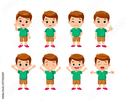 Set of cute boy pose showing different emotions.Basic seven of emotion.Vector and illustration.
