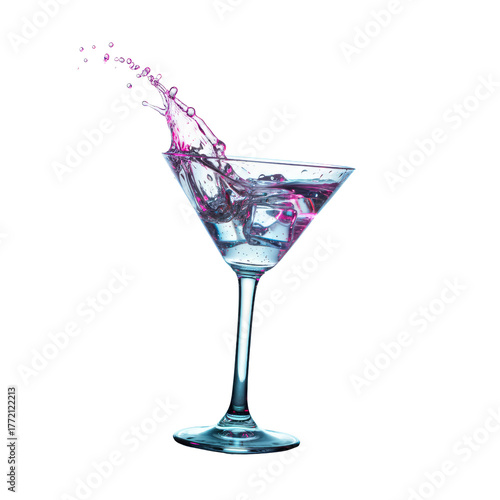 Elegant martini glass with a vibrant pink cocktail and dynamic splash isolated on transparency