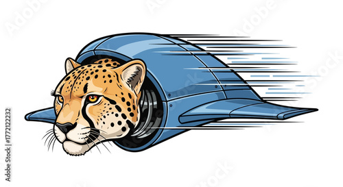 Dynamic cheetah head emerging from sleek blue futuristic vehicle, symbolizing speed, power, and rapid progress.